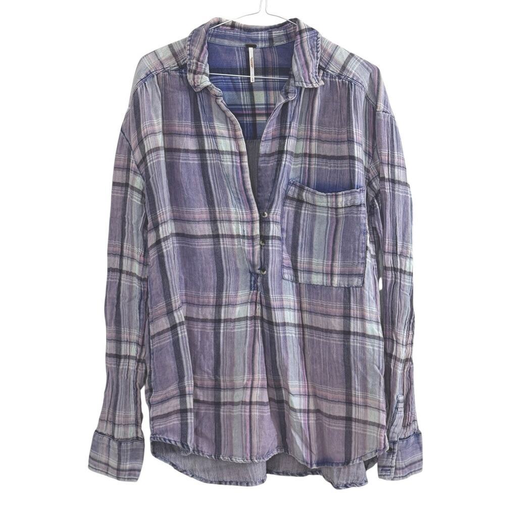 FREE PEOPLE Washed Away Plaid Pullover Top Purple Flannel Asymmetrical Size L - Picture 3 of 12